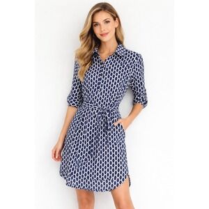 Laundry by Shelli Segal Shirt Dress Size 4 Navy White Geometric Belt Knee Length